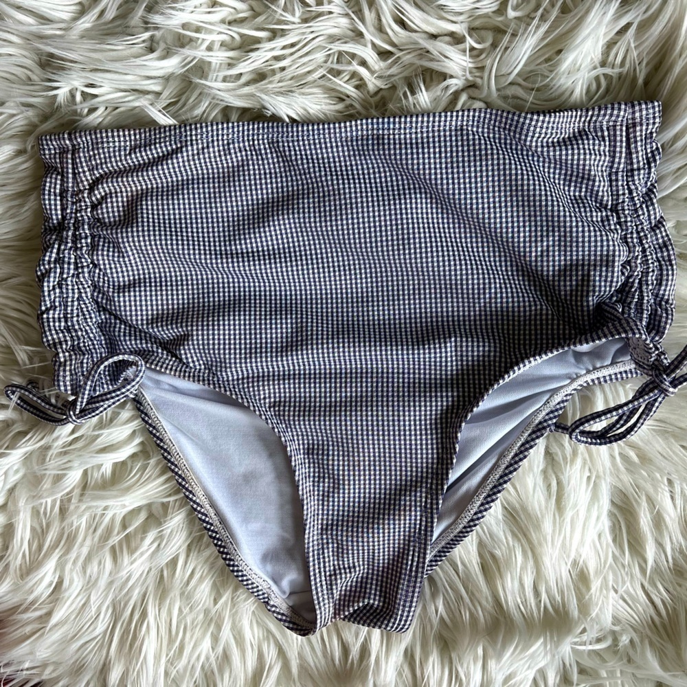 Kona Sol Dark Purple Gingham Bikini Bottom Size M High Waist Ruched Swimwear
